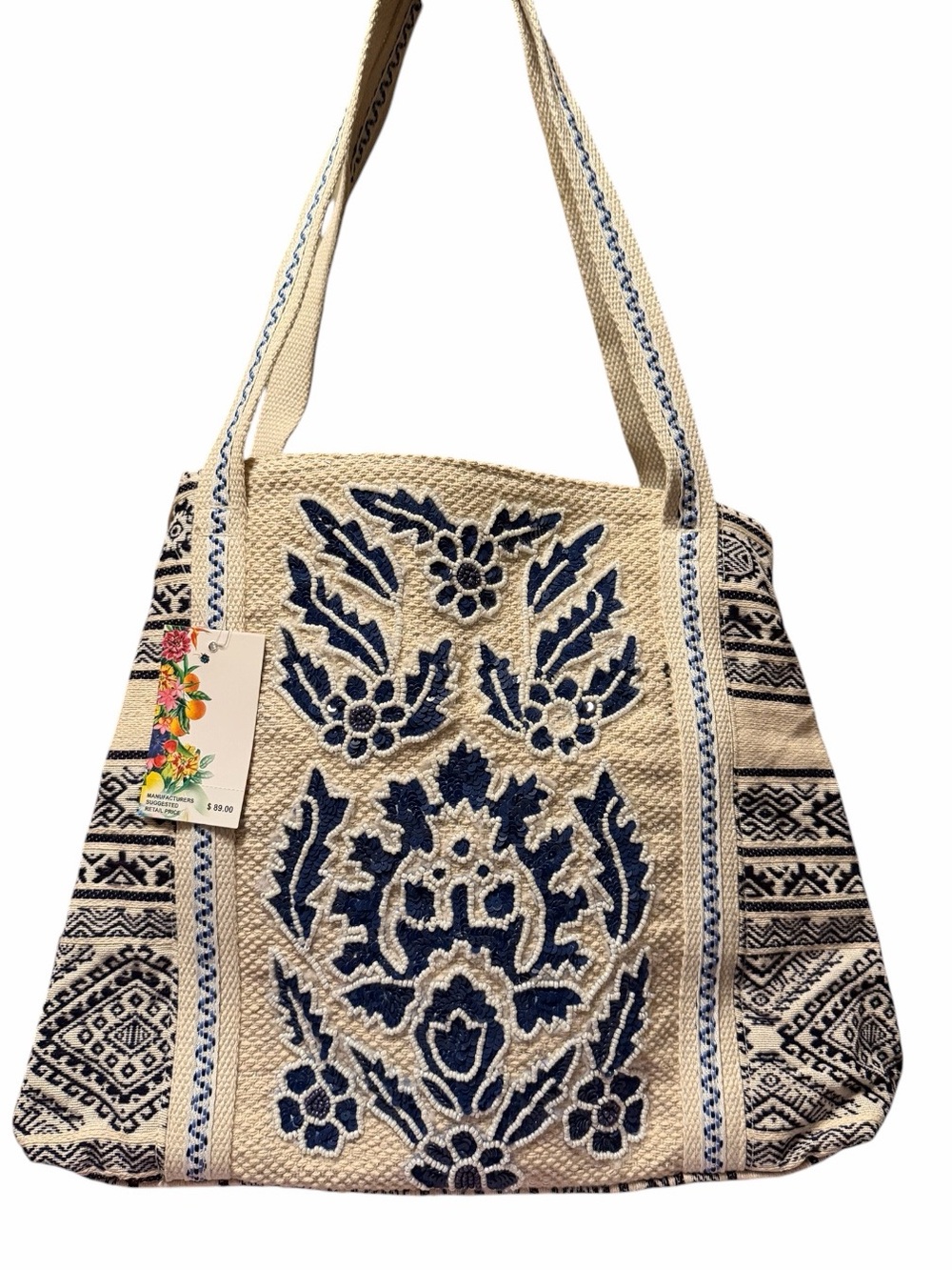 Cream & Navy Embroidered Cotton Tote Bag